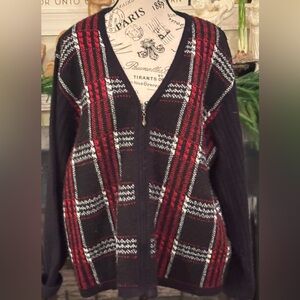 Maggie McNaughton Vintage Black Zip Up Sweater Cardigan Red White Plaid Cottage